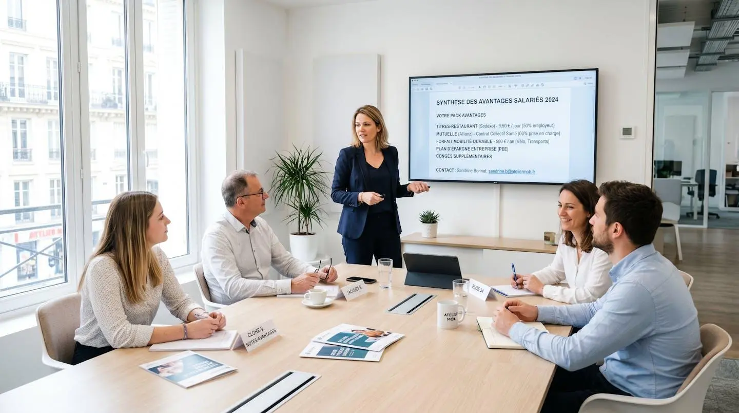 Dirigeante d'une petite entreprise présentant la politique d'avantages salariés à son équipe lors d'une réunion collaborative dans une salle lumineuse