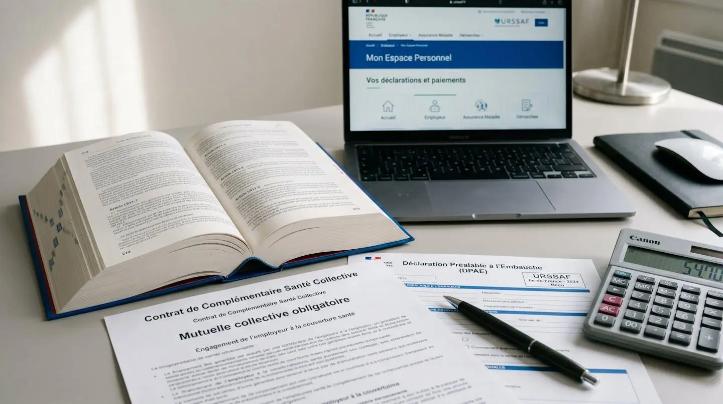 Documents administratifs français relatifs aux avantages salariés : contrat mutuelle collective, bordereau URSSAF et Code du travail ouvert à l'article sur l'obligation légale