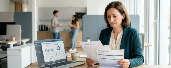 Responsable RH d'une petite entreprise consultant des documents administratifs sur les avantages salariés à son bureau, avec deux collaborateurs en arrière-plan dans un open space lumineux