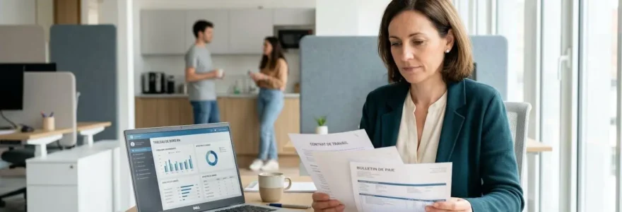 Responsable RH d'une petite entreprise consultant des documents administratifs sur les avantages salariés à son bureau, avec deux collaborateurs en arrière-plan dans un open space lumineux